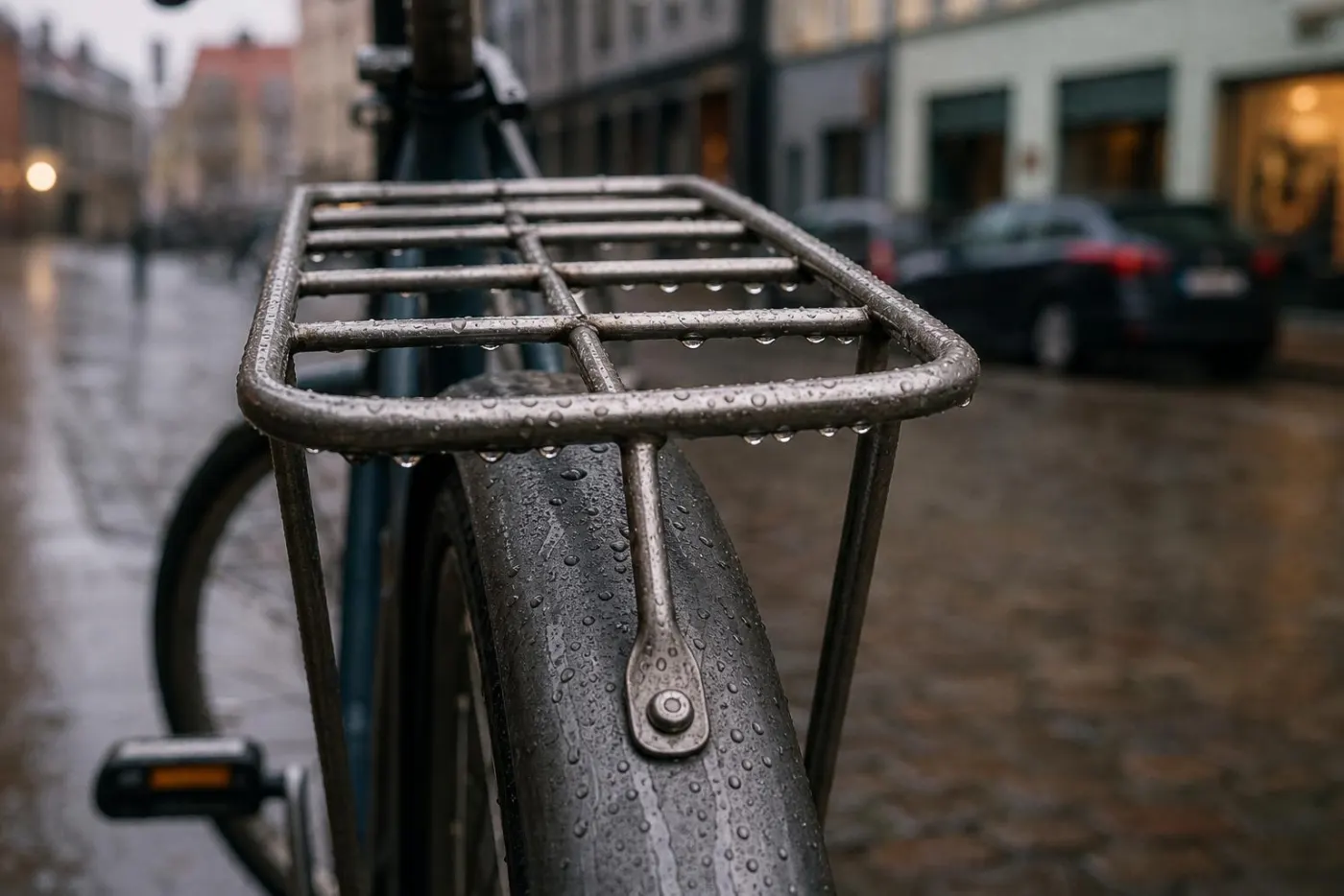 Våd bagagebærer og bagskærm på en bycykel i regnvejr