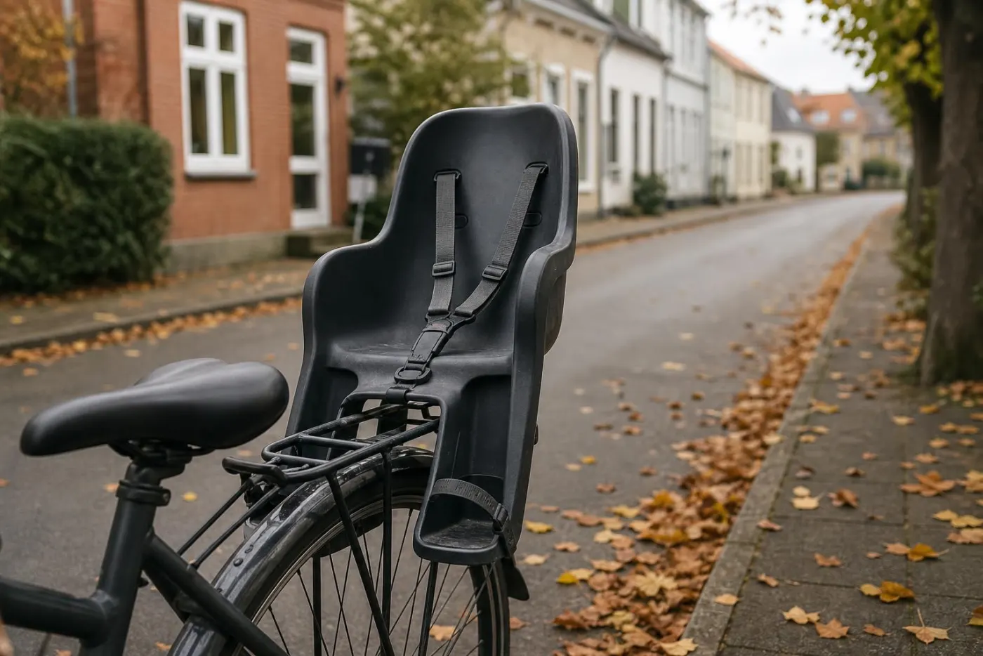 Tom cykelbarnestol på bagagebæreren af en cykel i en villavej med efterårsløv