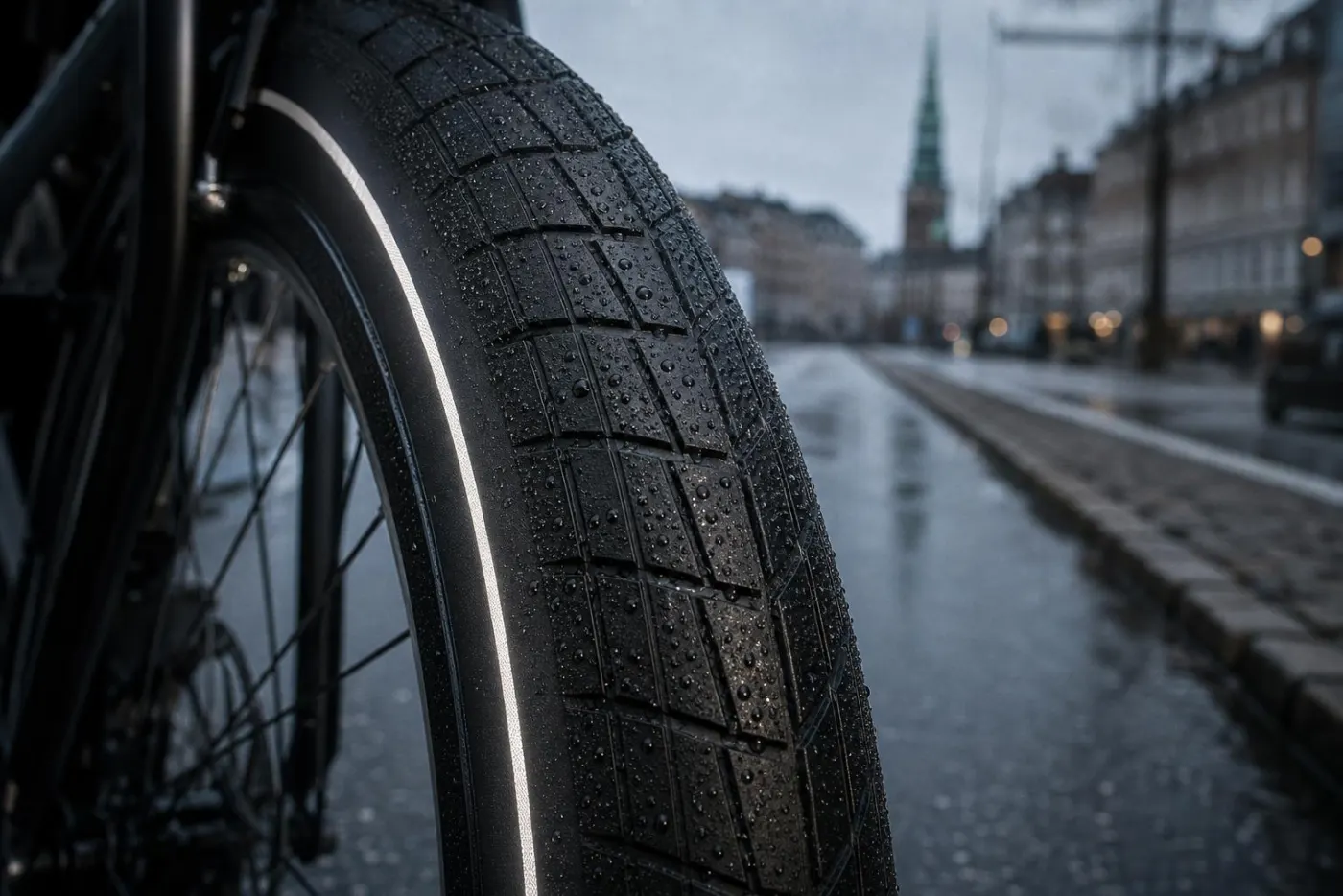 Bredt bydæk med refleksstribe i sidevæggen på en våd bygade