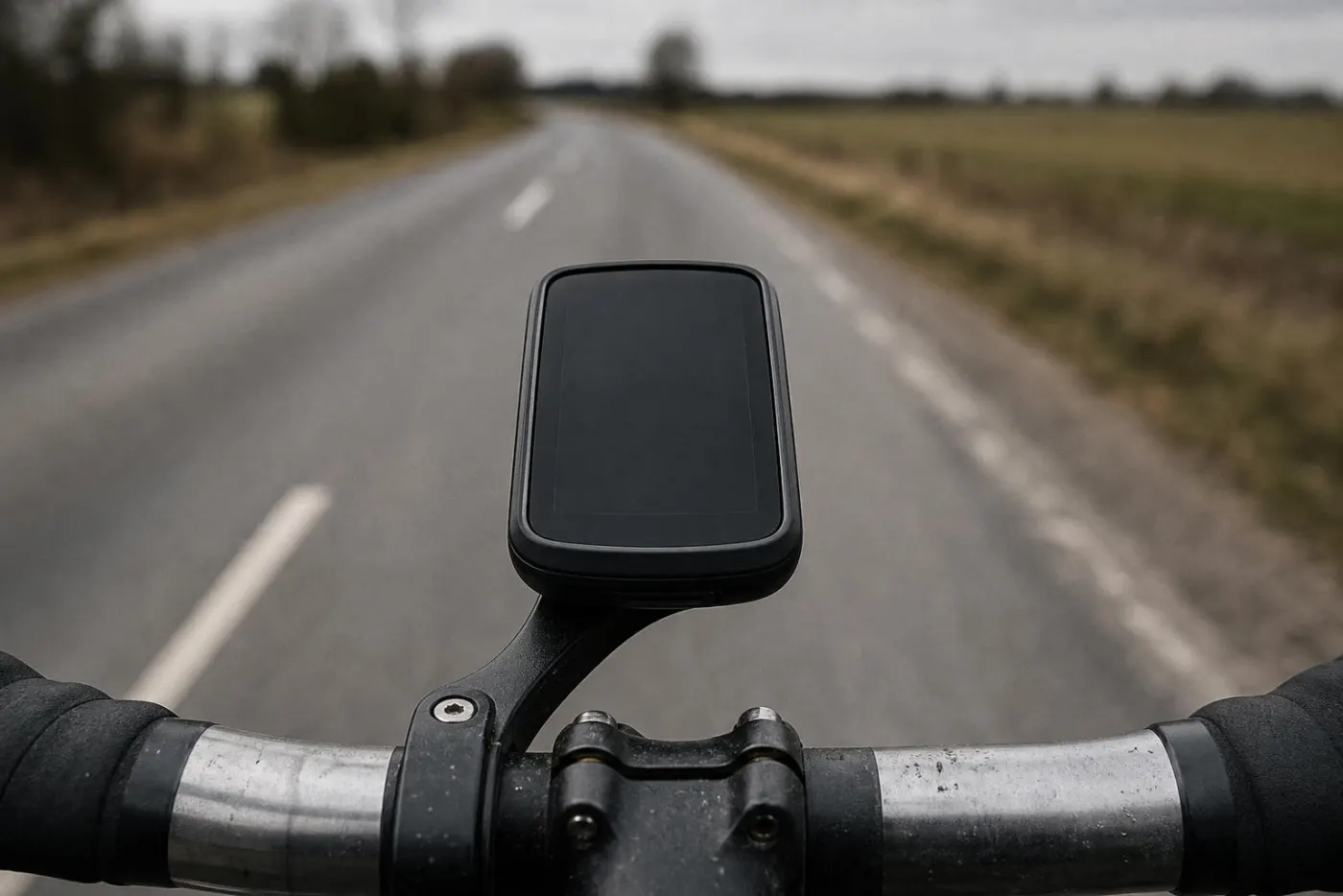 Cykelcomputer på et beslag foran styret med en landevej i baggrunden