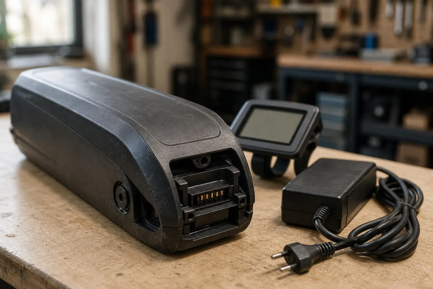 Elcykelbatteri på en værkstedsbænk ved siden af display og oplader