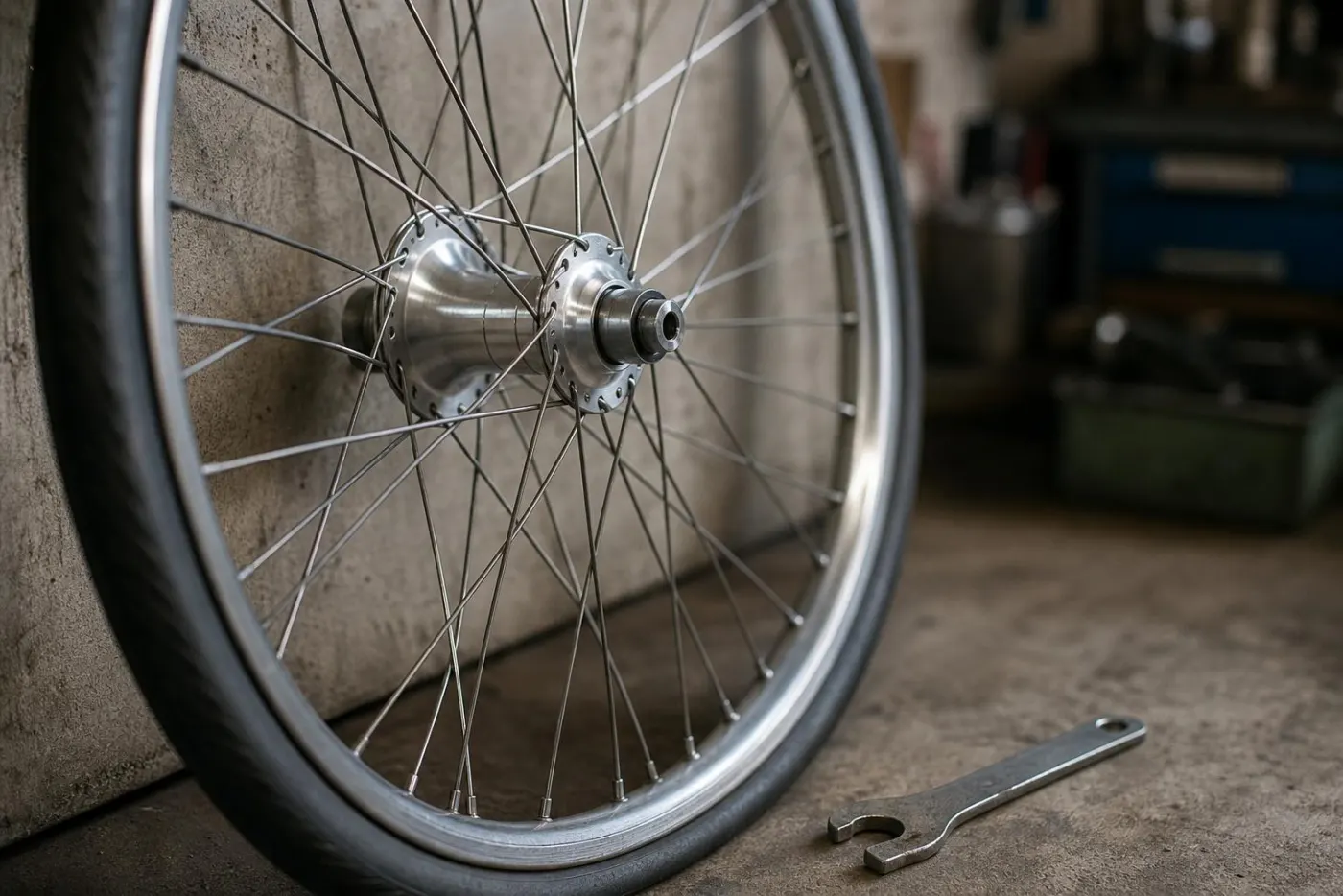 Cykelhjul op ad en værkstedsvæg med nav og eger i fokus og en egernøgle på gulvet