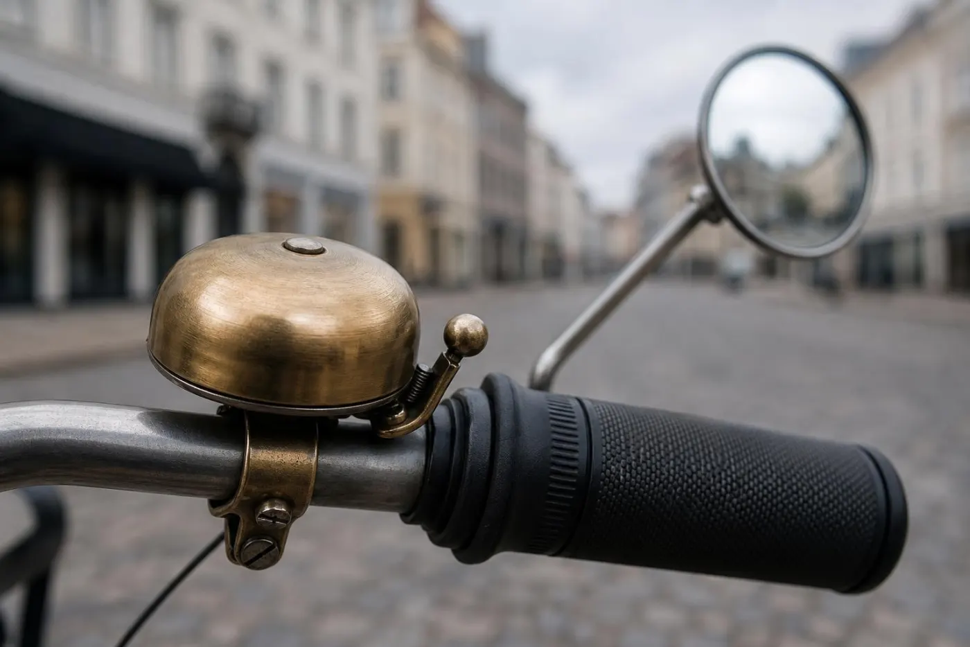 Messingklokke på et cykelstyr med et lille rundt spejl bagved