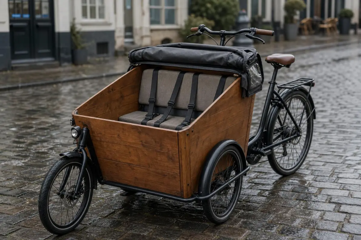 Trækasse på en ladcykel med bænk, seler og sammenrullet kaleche