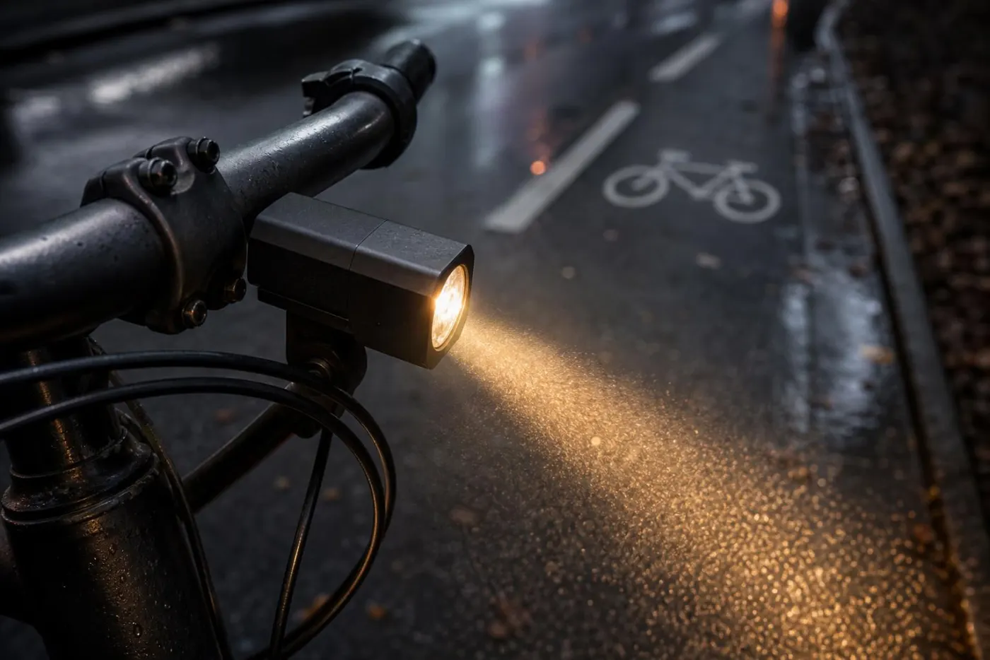 Tændt forlygte på et cykelstyr, der lyser ned på våd asfalt