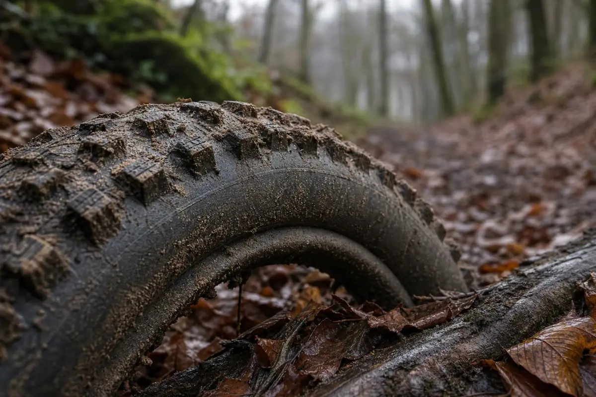 Mudret MTB-dæk med grove knopper på en skovsti