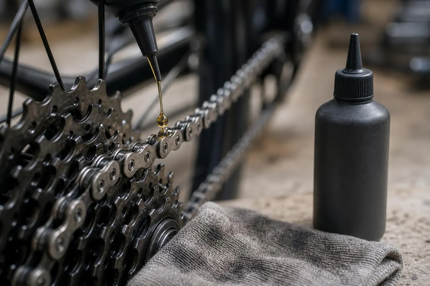 Dråbe kædeolie på en ren cykelkæde med klud og flaske ved siden af