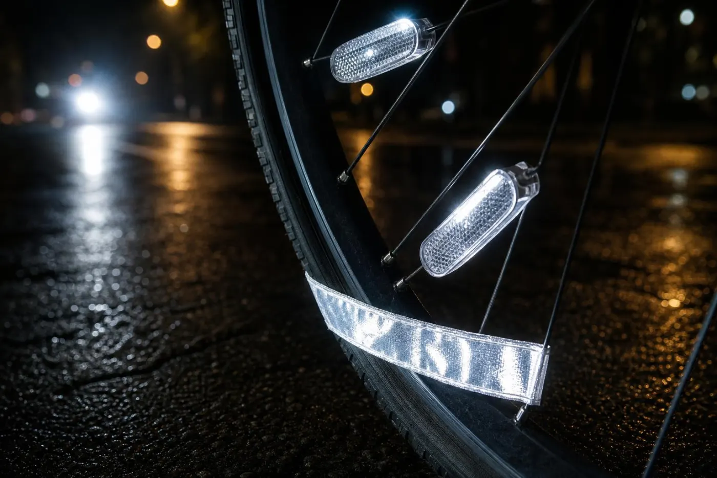 Egereflekser og et refleksbånd på et cykelhjul, der lyser op i mørket
